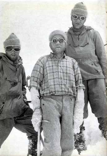 
Sepp larch, Fritz Moravec, and Hans Willenpart back in Camp 2 after the first ascent of Gasherbrum II on July 7, 1956 - Weisse Berge: Schwarze Menschen book
